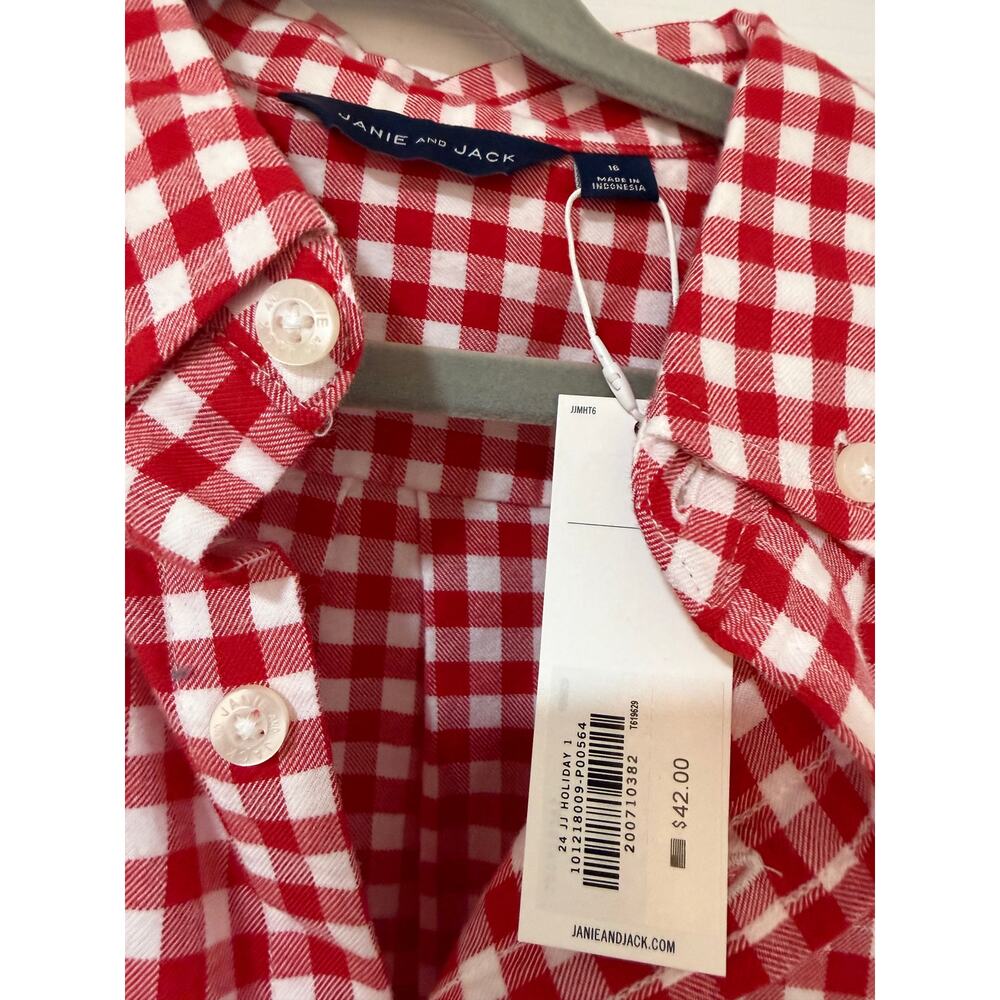 Janie and Jack Boys - Red Houndstooth Brushed Twill Shirt - Christmas - Size 16 - Picture 4 of 6